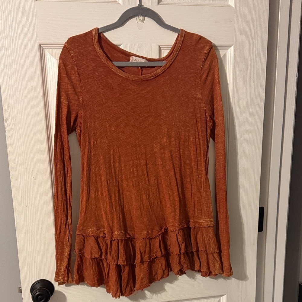 Altar'd State Rust Long Sleeve Ruffle Tee